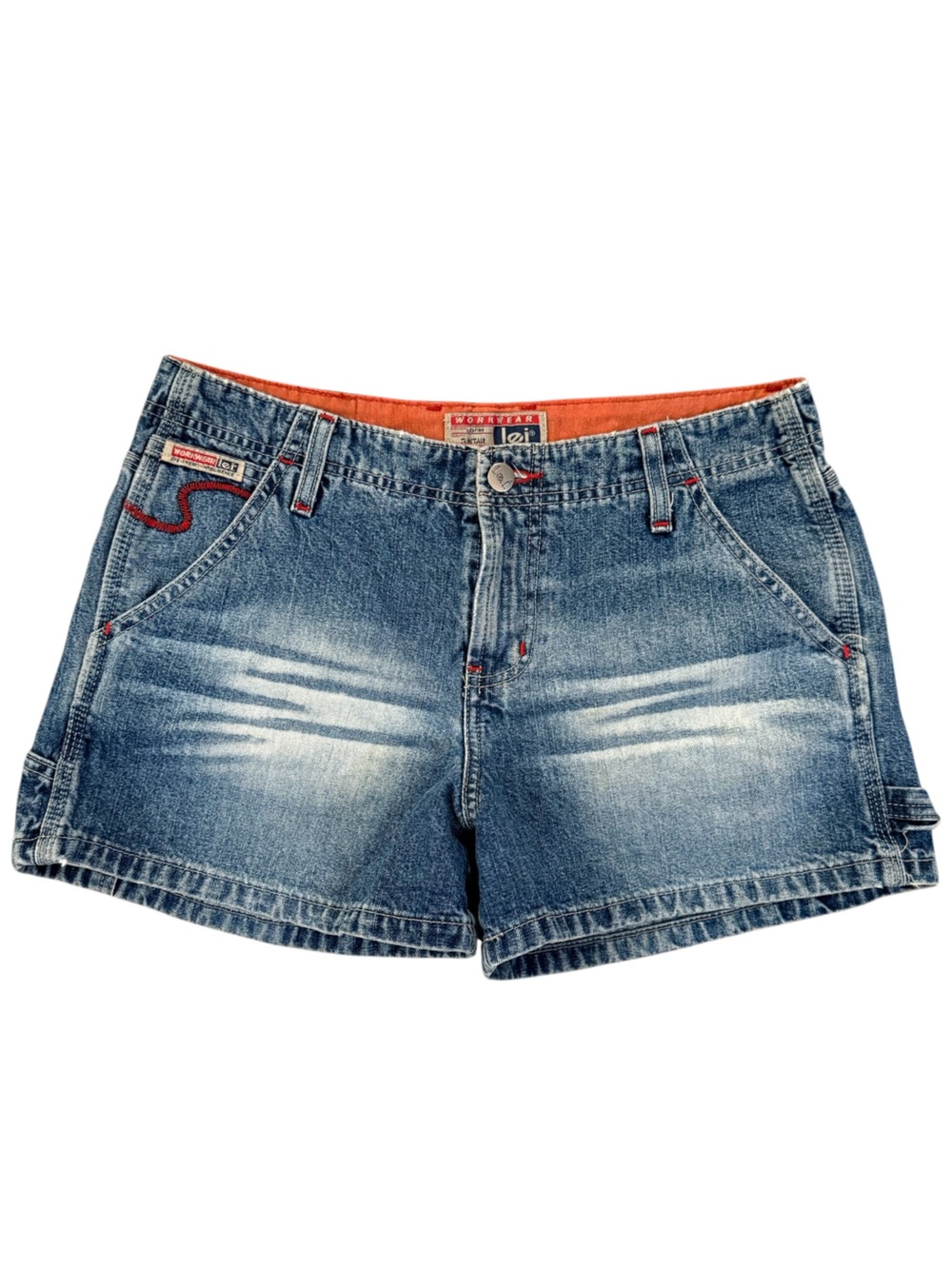 Y2K Lei Workwear Denim Shorts Womens Size 7 Red Stitch Faded Wash Jean Shorts